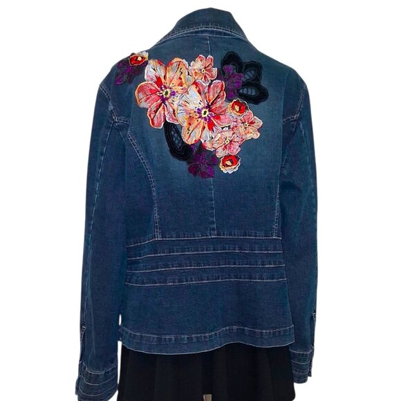 Boho Floral Embellished Upcycled Denim Jacket Size XL - Picture 5 of 7